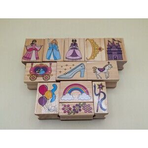 Melissa & Doug Wooden Rubber Stamp Mix Lot 12pc Princess Fairy Tale Castle Craft